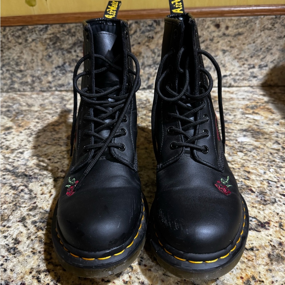 Dr. Martens Black Boots with Red Floral Detail